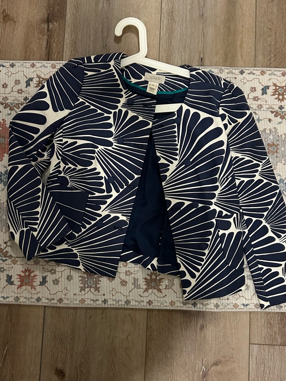 J. Crew Navy and White Graphic Open-Front Cropped Blazer